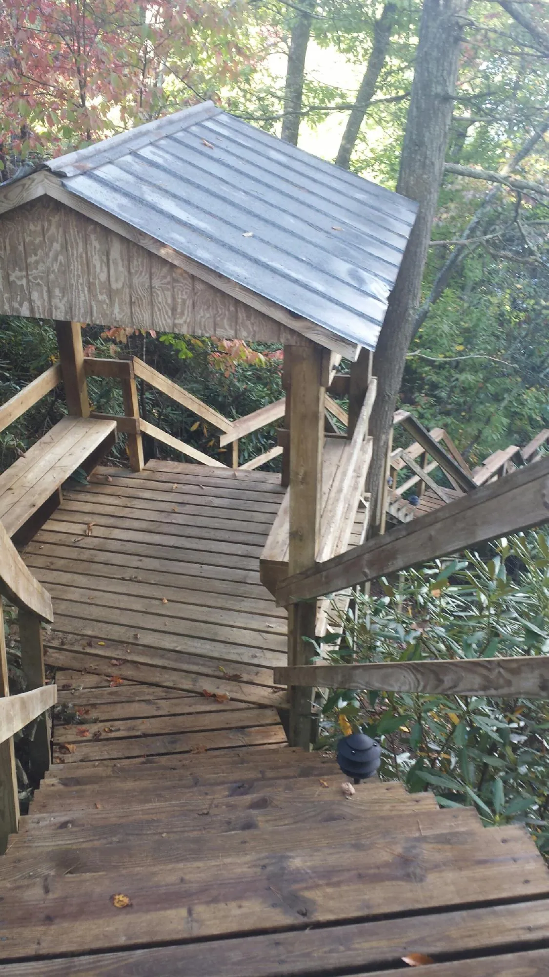 Metal roofed shelter over wooden steps on a wooded walkway — Skylight Repair & Installation work by our crew in Borrego Springs